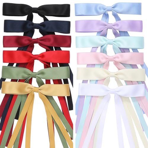 Slevaty Hair Bows Set: 12 PCS Ribbon Bowknot Clips and Barrettes with Long Tails for Women and Girls (12 Color Mixing)