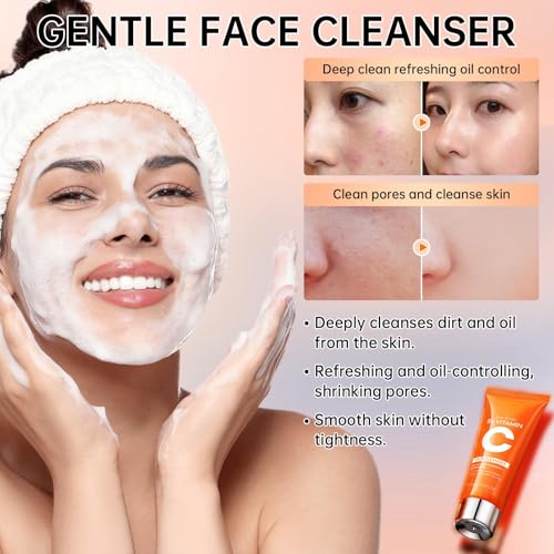 Vitamin C Skin Care Set - 4PCS Travel Skin Care Set With Facial Cleanser, Eye Cream, Serum & Face Cream - Korean Facial Skincare Set for Teen Girls and Women for Moisturizing, Anti-Aging, Anti-Wrinkle