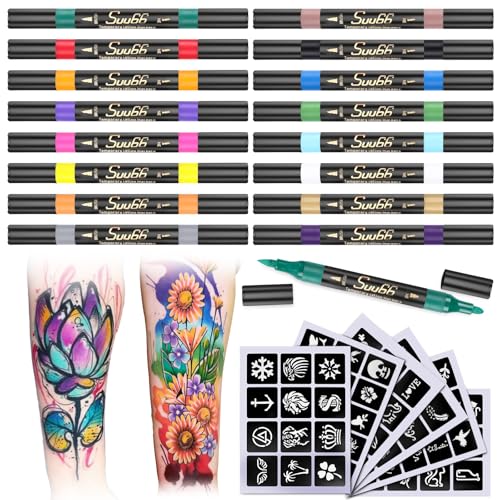 Temporary Tattoo Markers Kit - 16 Colors, 80 Stencils, Dual-End