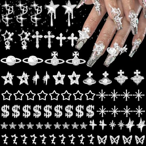 130 Pcs Silver Star and Cross Nail Charms for Acrylic Nails, Y2K Nail Art Supplies