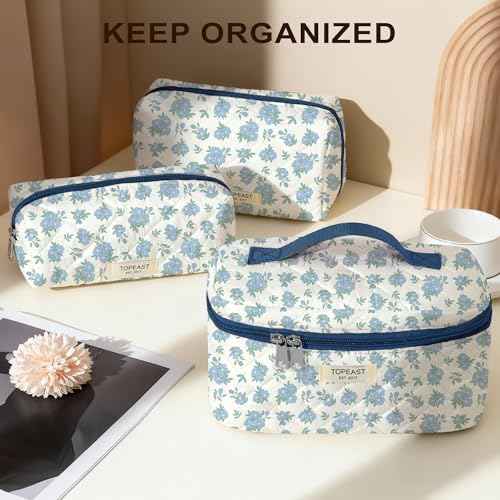 TOPEAST Makeup Bag for Women Girl, 3Pcs Large Cotton Travel Make up Bags, Cute Quilted Floral Cosmetic Pouch with Zipper, Potable Brushes Toiletry Bag Sets, Blue Floral