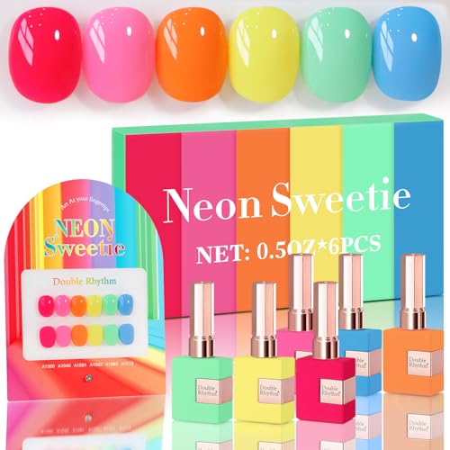 Double Rhythm Neon Sweetie Gel Polish Set 6x15ml – Pastel Red Pink Orange Yellow Green