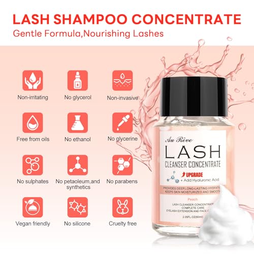 AuReve Lash Shampoo Concentrate 60ml Lash Cleanser Concentrate Add Hyaluronic Acid Oil-Free Lash Extension Shampoo Perfect for Salon，Peach