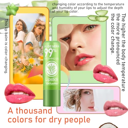 4PCS Aloe Vera Lipstick,Color Changing Lipstick,Moisturizing Magic PH Jelly Lipstick Set for Women,Tinted Lip Balm Long Lasting Waterproof Color Change Lip Gloss Makeup