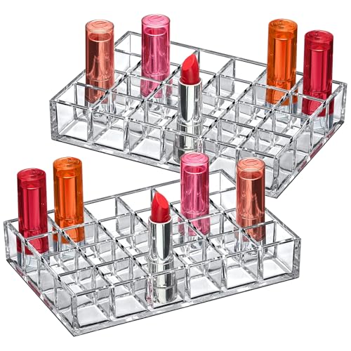 Amazing Abby - Allure - 2-Pack 24-Slot Acrylic Lipstick Organizer, Lipstick Holder, Lip Gloss Holder, Cosmetic Storage Display, Perfect Storage Solution for Drawer and Vanity (Slot Size: 1.0" x 1.0")