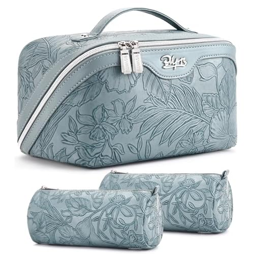 BOYATU Travel Makeup Bags Cosmetic Organizer Bag: 3 Pcs Set Large Capacity Floral Make up Bag with Compartments - Waterproof Leather Toiletry Bags with Handle for Women (01-Light Blue)