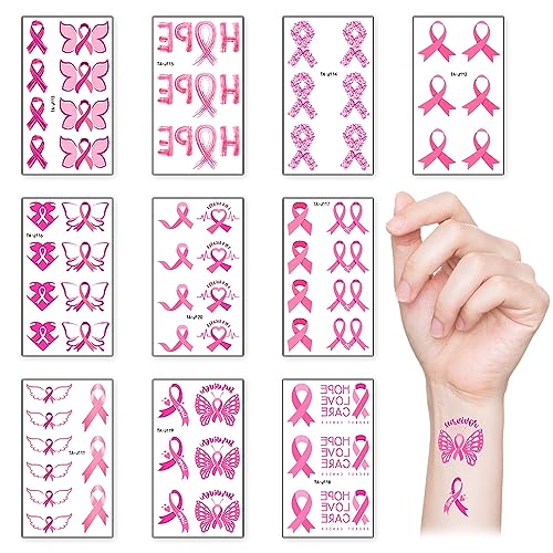 Breast Cancer Awareness Temporary Tattoos - 10 Sheets Pink Ribbons