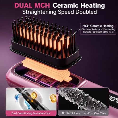 Cordless Hair Straightening Brush - Portable Heated Comb, 3 Temperature Settings, USB-C