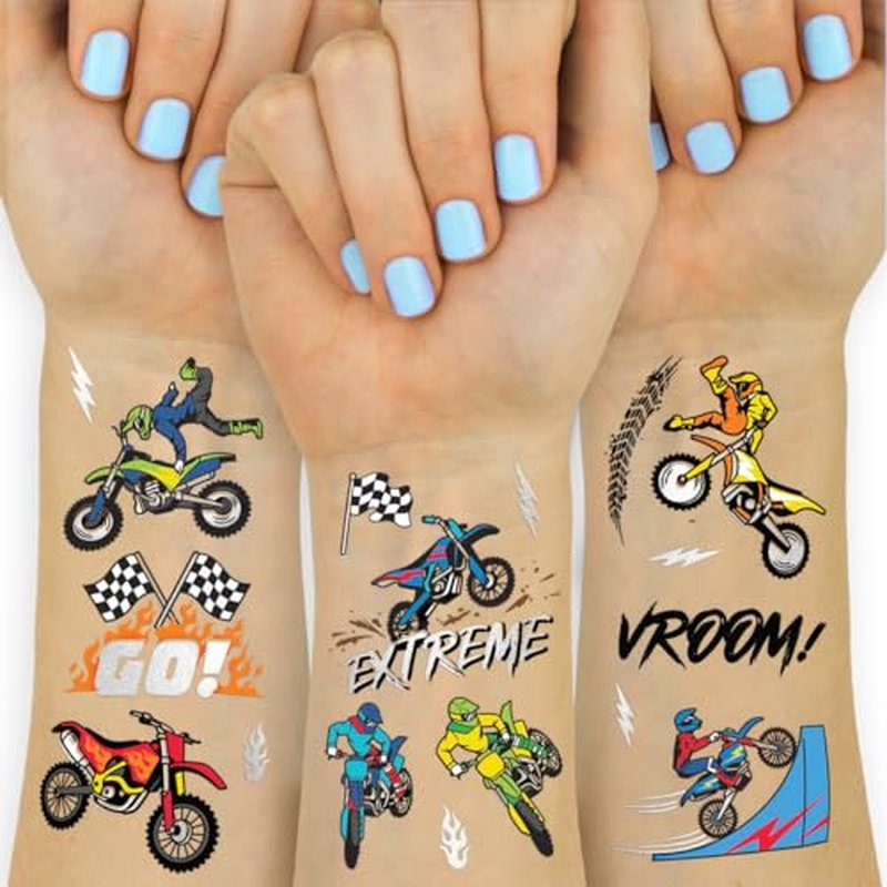 xo, Fetti Dirt Bike Temporary Tattoos Party Decorations - 48 Silver Foil | Birthday Party Decorations, Motocross Accessory, Motorcycle Theme Favor, Boys Bicycle Gift + Supplies, Checker Flag D?cor