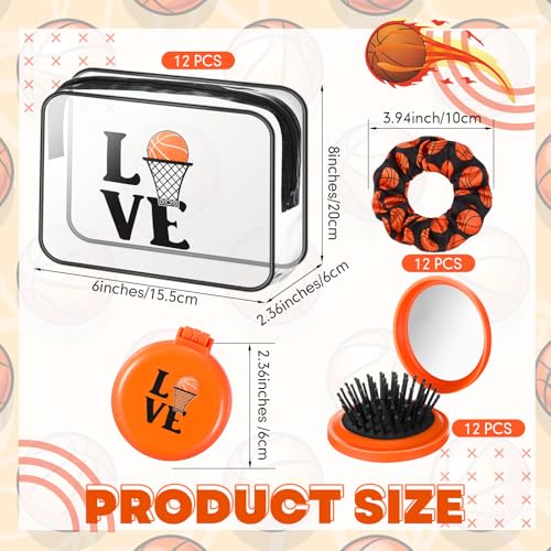 Yungyan 36 Pcs Basketball Gifts 12 Basketball Makeup Bag for Women Party Favors Team Gifts with 12 Sport Hair Scrunchies 12 Round Portable Folding Brush