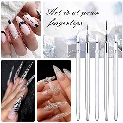 5PC Nail Art Brush Set - Long Lines, Liner, UV Gel Polish, Metal Handle, Sizes 7/9/11/15/25mm