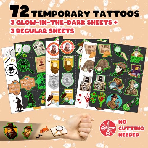 96 PCS Detective Party Favors Set ? 72 Pre-Cut Temporary Tattoos & 24 Slap Bracelets for Kids and Adults, Mystery Birthday Decorations, Escape Room Prizes & Spy-Themed Classroom Rewards