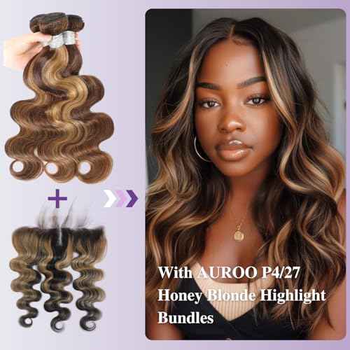 Honey Blonde Highlight Ombre 13x4 Lace Frontal Closure Only Human Hair Body Wave (150% Density, 18 IN), #27 Skunk Stripe Ear to Ear Lace HD Transparent Frontal Human Hair Pre Plucked Free Part