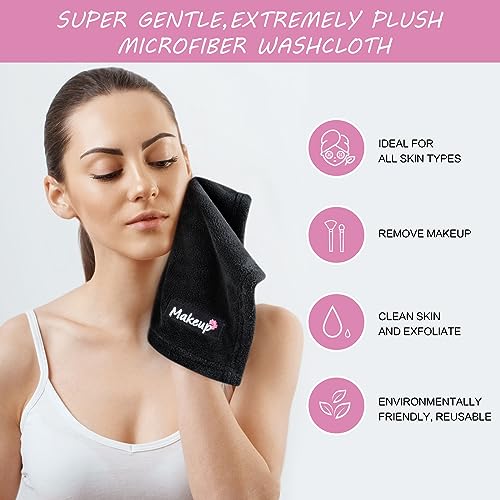 SINLAND Plush Microfiber Makeup Remover Wash cloths Reusable embroidery Face Cloths Ultra Soft Coral Fleece Fingertip Face Towels for Make Up Removal 12 x 12 Inch 6Pack Black