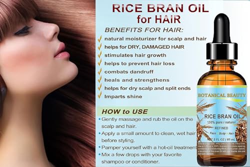 Botanical Beauty RICE BRAN OIL 100% Pure Natural Refined Undiluted Cold Pressed Carrier Oil for Face, Skin, Body, Hair, Massage, Nails. 1 Fl. oz - 30 ml