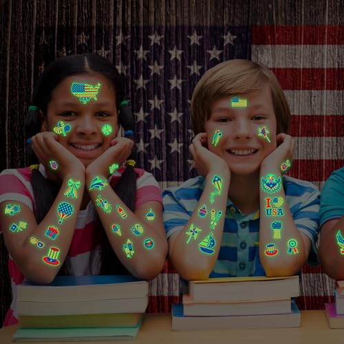 106 Glow in the Dark 4th of July Tattoos, Patriotic Temporary Tattoo Stickers