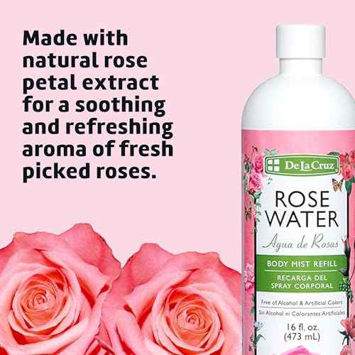 De La Cruz Pure Rose Water Body Mist,Rosewater Spray for Face, Skin & Hair, Rose Toner & Rose Water for Hair Alcohol Free, Paraben Free 16 fl oz (1 Bottle)