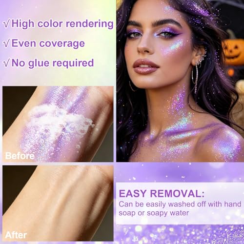 2PCS Purple Roll-On Body & Face Glitter Gel for Face Hair and Body, Holographic Makeup