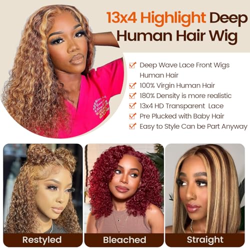 12 Inch Honey Blonde Ombre Deep Wave Bob Wig - Human Hair, 180 Density, Lace Front