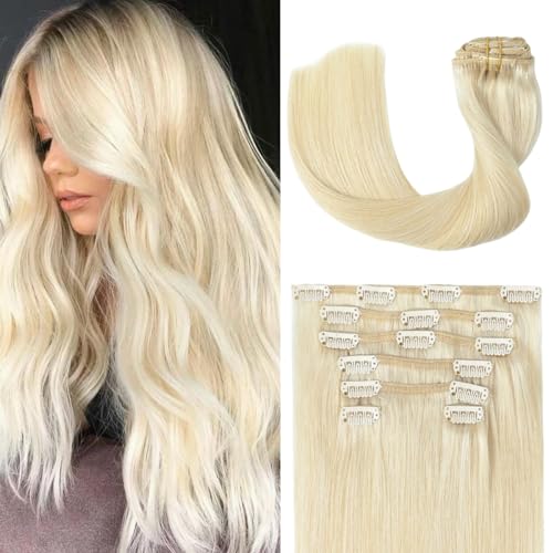 UGOTRAYS Clip in Hair Extensions Real Human Hair Blonde - 18 Inch 70g 7pcs Platinum Blonde 100% Remy Human Hair Clip in Extensions Straight Real Human Hair #60 Platinum Blonde Clip in Hair Extensions