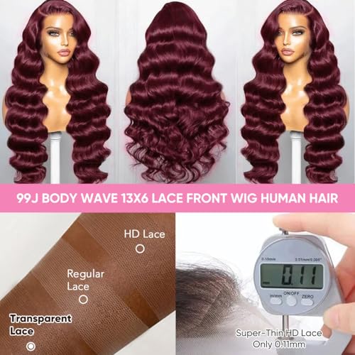 99J Burgundy Body Wave Lace Front Wig - 22 Inch Human Hair