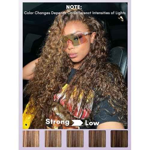 Honey Blonde Highlight 3 Deep Wave Bundles with 13x4 Frontal Human Hair 16 18 20+16, 12A 100% Virgin Thick Track Brazilian Weaves P4/27 Ombre Brown Curly Bundles with HD Lace Frontal Pre Plucked