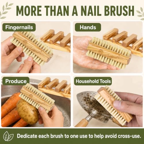 Olive Wood Hand Nail Brush Set - Double-Sided Sisal Bristles