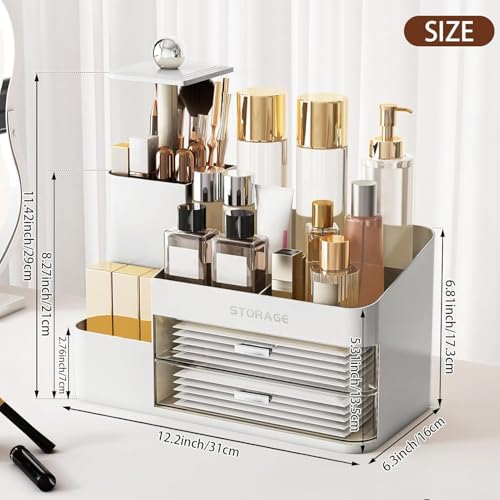 Large Makeup Organizer Countertop with Brush Holder, Make Up Organizer with Drawers, Countertop Makeup Organizers for Vanity, Multi-Functional Makeup Storage Organizer for Skincare, White