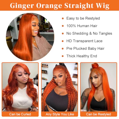 Ginger Orange 24in 13x6 HD Lace Front Human Hair Wig 200% Density