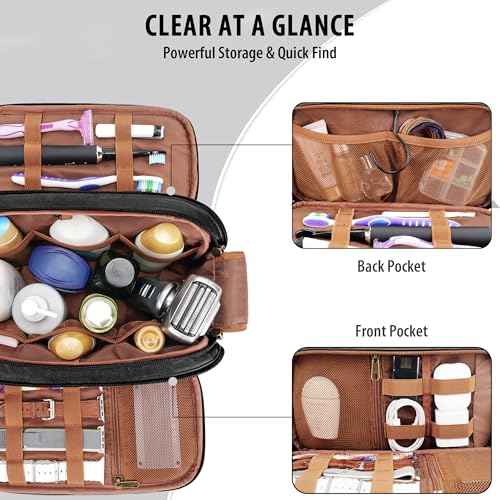 Travel Toiletry Bag for Men, Large Hanging Toiletries Organizer Bags for Women, Cruise Ship Essentials, Water-resistant Shaving Case, PU Leather Makeup Accessories, Cosmetic Dopp Kit, Black