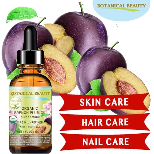 Botanical Beauty Organic French PLUM OIL 100% Pure Natural VIRGIN UNREFINED Cold-Pressed Carrier Oil for Face, Skin, Body, Hair, Lip, Nails. Rich in Vitamin E, Omega 6, Omega 9 (0.5 Fl Oz)
