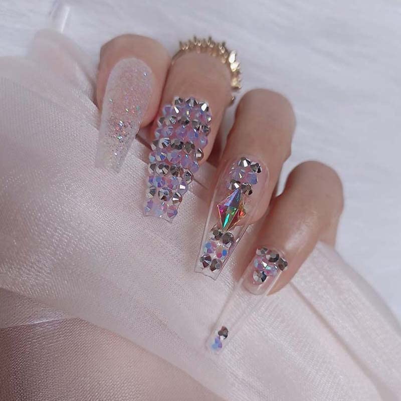 ZYBUXY clear press on Nails luxury Fake Nails powder Sequins Art Acrylic False Nails Tips Ballerina Nails for Women and Girls Coffin long