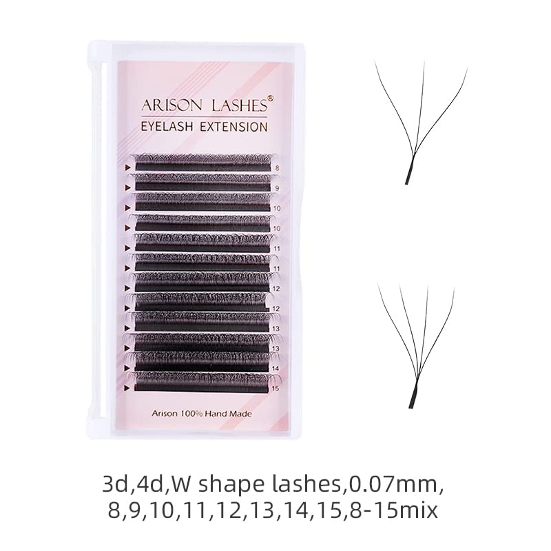 3D W Shape Eyelash Extension Natural Soft Volume 0.07mm D curl 14mm Premade Fans Faux Mink Matte Black Cluster 12 rows