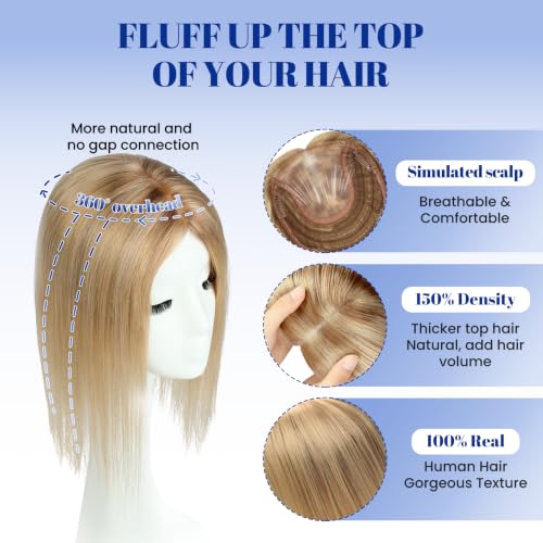 WORLDSTAR Human Hair Topper for Women 12 Inch Golden Brown to Caramel Blonde Balayage - 55g, Natural Look, Easy Wear