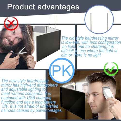 JANMPASK LED 3 Way Mirror for Self Cutting Mirror Vanity Barber Supplies Accessories 360 Makeup with Light Trifold to See Back of Head