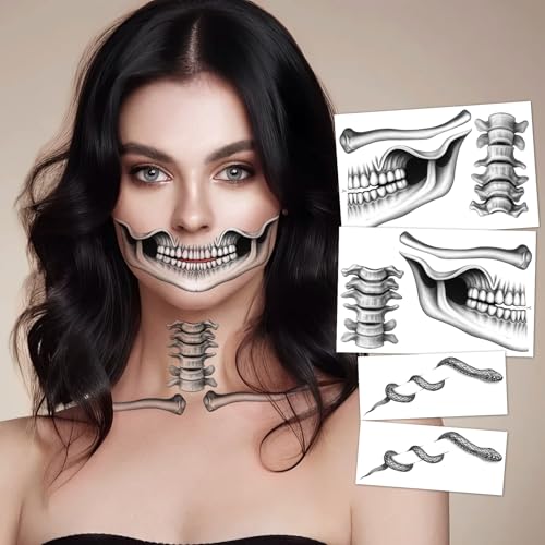 HOWAF 4 PCS Skeleton Face Tattoo, Skeleton Face Sticker, Snake Collarbone, Skull Halloween Temporary Tattoos, Day Of The Dead Face Tattoo for Halloween Costume, Day Of The Dead Costume