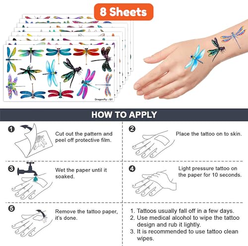100 PCS Dragonfly Temporary Tattoos | Waterproof Fake Tattoo Stickers