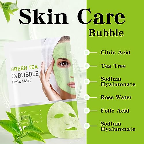IREV 10 Pack Green Tea O2 Bubble Face Masks Sheet, Bubble Facial Mask, Foaming Face Mask, Purifying Facial Mask for Acne and Pores, Moisturizing Spa Face Masks Skincare, Brightening Beauty Masks