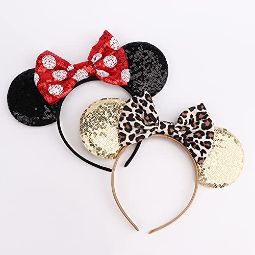 AQOKKA 2 Pcs Mouse Ears Headbands with Bow for Birthday Party, Hair Hoop Party Decoration Cosplay Costume Hair Accessories for Women & Girl