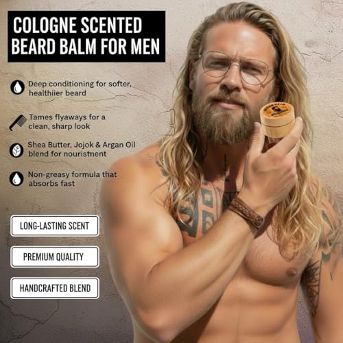 Beard Balm for Men, Cologne and Amber Scented natural ingredients beard butter with Castor oil, Shea Butter, Jojoba Oil, Argan Oil.