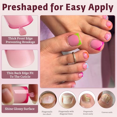 Bellelfin French Tip Press On Toenails Set - 180 Pcs, 6 Colors