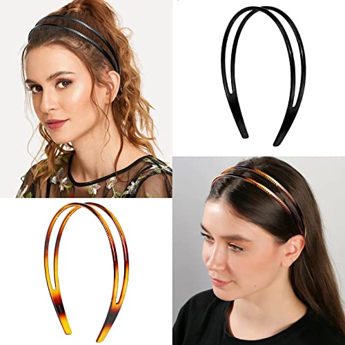 Dazzhues 4 Pieces Plastic Headbands for Women Non-Slip Double Row Teeth Simple and Chic Headwear Hair Accessory for Women Girls Decorations (Black, Brown)