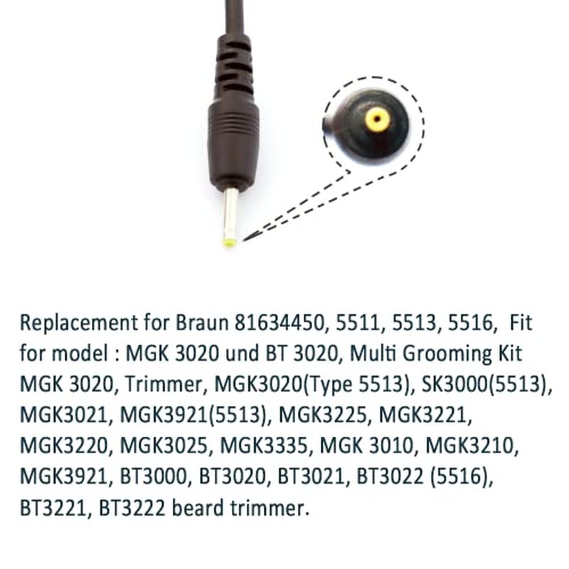 2.3V Charger Adapter Power Cord compatible with Braun Beard Trimmer Shaver MGK3020 MGK3021 MGK3221 MGK3220 MGK3225 MGK3335 BT3020 BT3021 BT3221 BT3222 Replace Type 5511, 5513, 5516