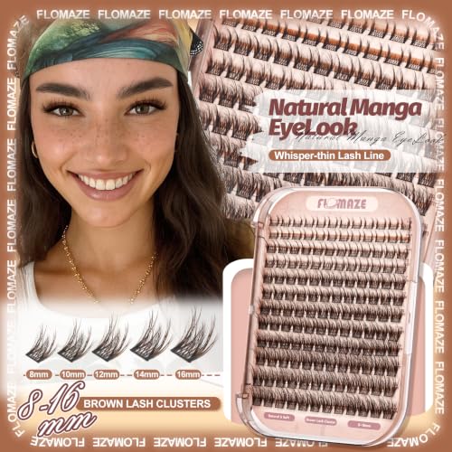 FLOMAZE Brown Wispy Lash Clusters - Natural Dark Brown Eyelash Extensions, DIY Spiky Clusters for Fluffy Volume, 144Pcs, 8-16MM - Unique Duo Spikes Design