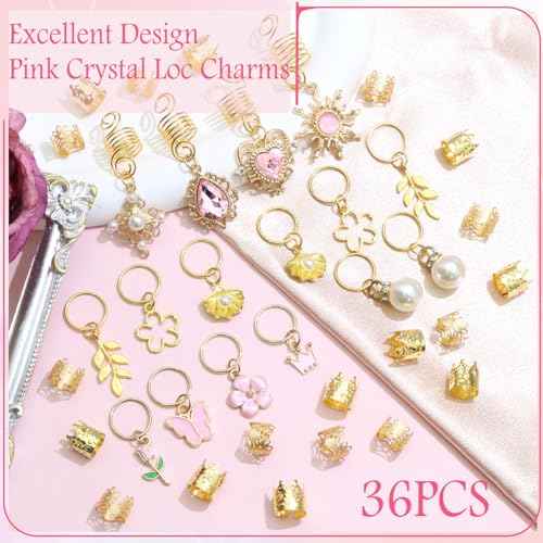 36PCS Pink Crystal Hair Jewelry Butterfly Braids Clips Flower Loc Jewelry Pearl Hair Charms Gold Hair Cuffs Rings Metal Dreadlock Beads Multi Style Braids Accessories for Women and Girls