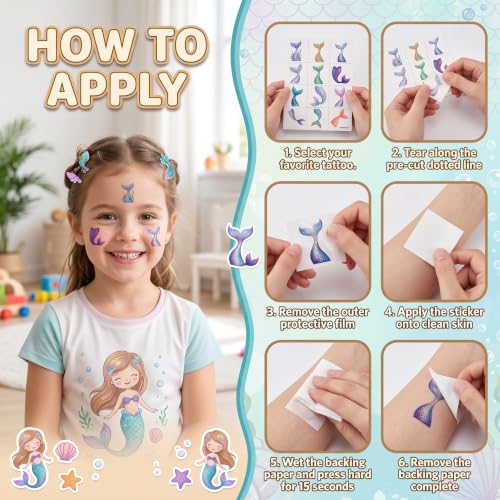 96 Mermaid Temporary Tattoos for Kids | Pre-Cut Party Favors