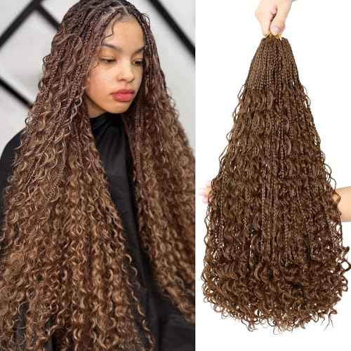 24 Inch Boho Crochet Braids Human Hair Mixed Synthetic Goddess Box Braids Crochet Hair Extensions Pre Looped Bohemian Goddess Braids Crochet Hair for Women (#30, 10 Packs)