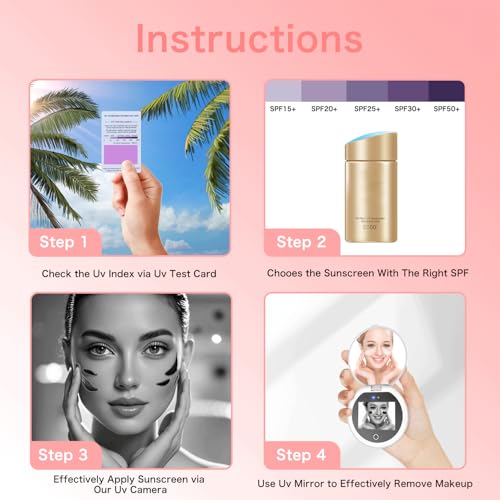 Mocado Compact LED Travel Makeup Mirror - 4 Inches 1X/10X Magnification Travel Mirror with Light Dimmable Smart UV Camera UV Mirror for Sunscreen Test Skin Sun Protection