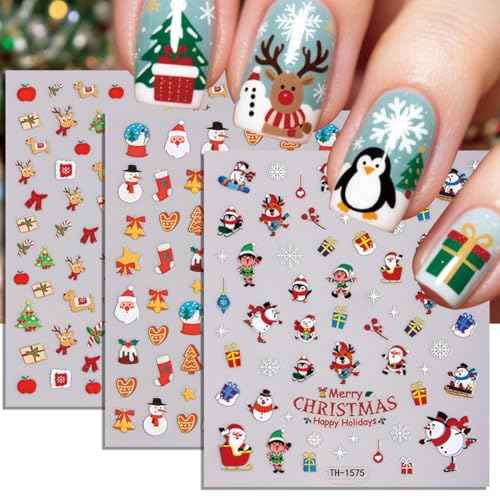 Christmas Nail Stickers - Christmas Nail Decals with Santa Claus Snowflake Elk Deer Snowman Xmas Tree Designs Winter 3D Xmas Nail Art DIY Decor Holiday Nail Stickers for Women (8 Sheets)