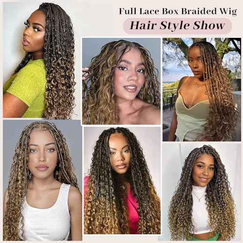 Boho Box Braided Wigs for Black Women Glueless Double Full Lace Human Hair Blended Lightweight Hand Braid Wig with Baby Hair (4-#27, 30 In)